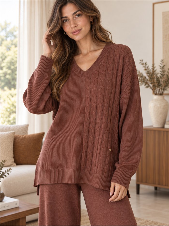 Cable knit sweater and wide-leg trousers set