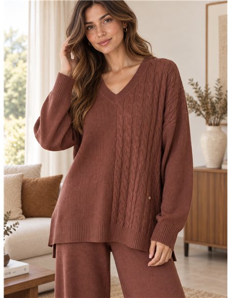 Cable knit sweater and wide-leg trousers set