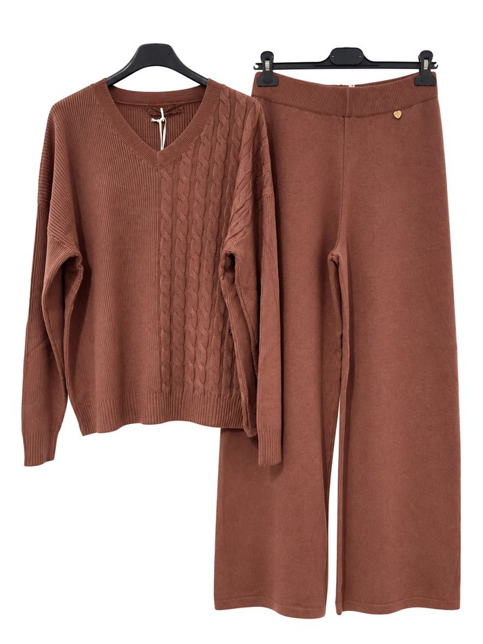 Cable knit sweater and wide-leg trousers set