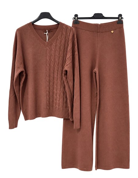 Cable knit sweater and wide-leg trousers set