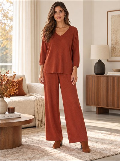 V-neck knit set with wide-leg trousers