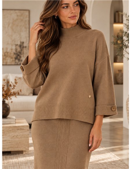 Conjunto de suéter de gola alta e saia midi