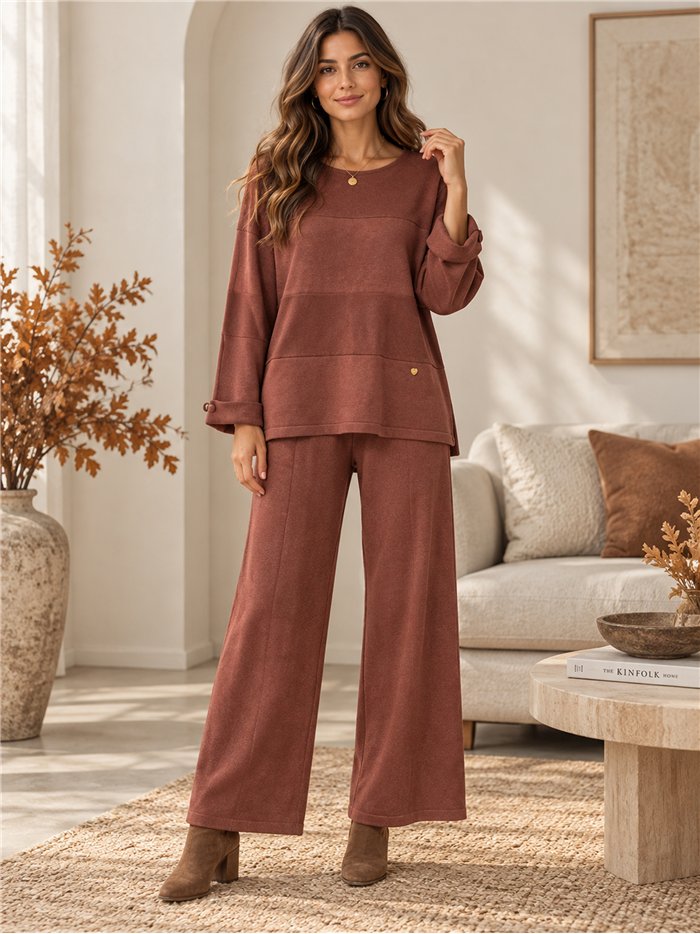 Panel-seam knit sweater and wide-leg trousers