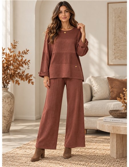 Panel-seam knit sweater and wide-leg trousers