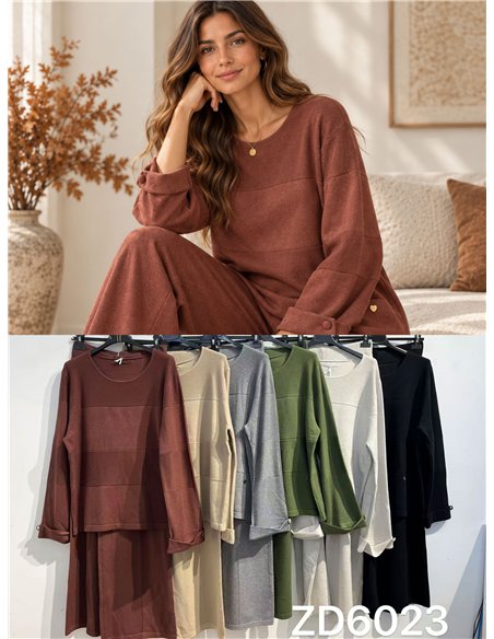 Panel-seam knit sweater and wide-leg trousers