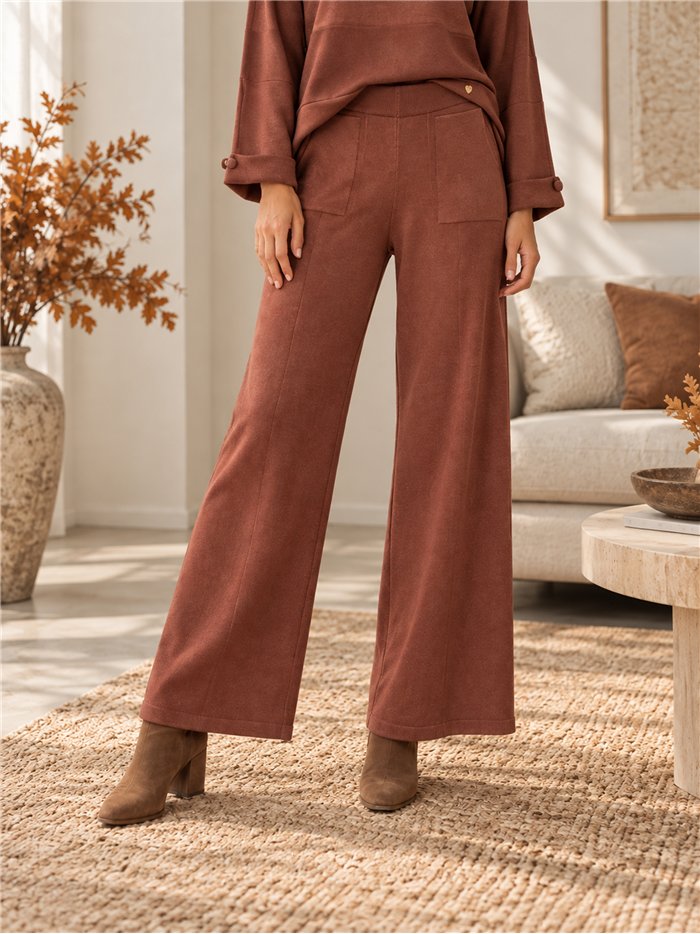 Panel-seam knit sweater and wide-leg trousers