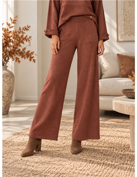 Panel-seam knit sweater and wide-leg trousers