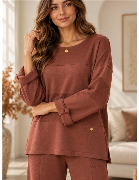 Panel-seam knit sweater and wide-leg trousers