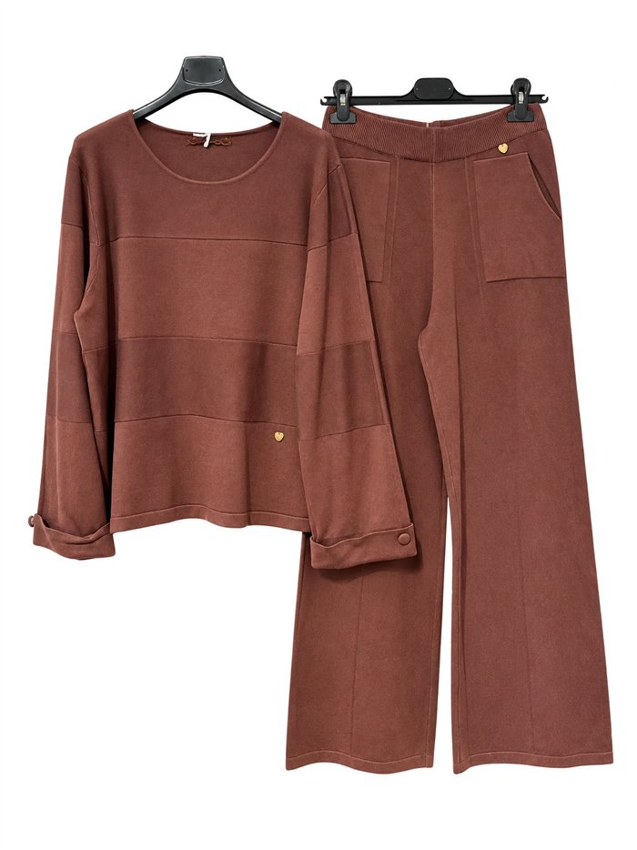 Panel-seam knit sweater and wide-leg trousers