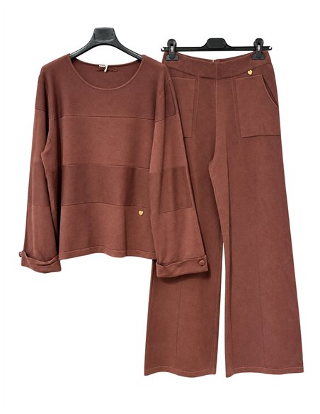 Panel-seam knit sweater and wide-leg trousers