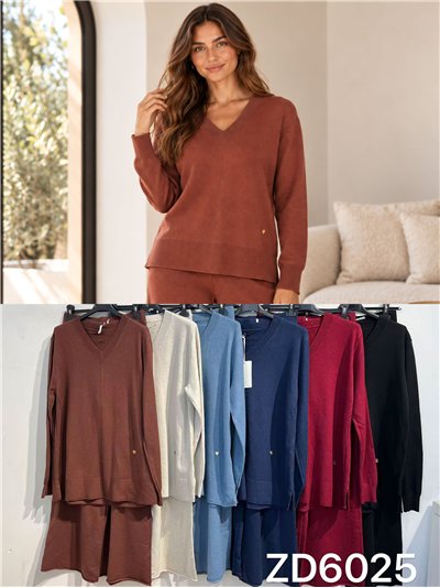 Conjunto jersey cuello pico y pantalón wide leg 2
