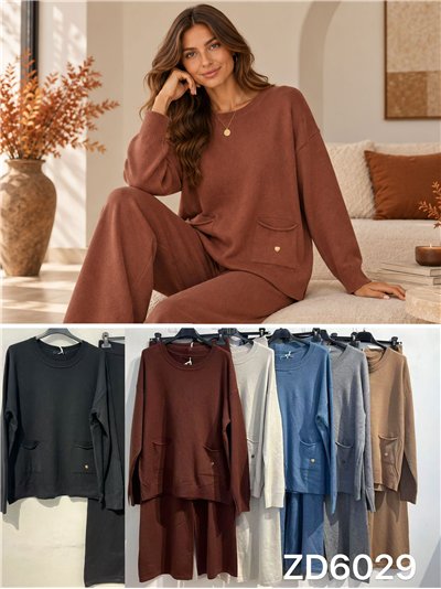 Front-pocket knit sweater and wide-leg trousers set 2