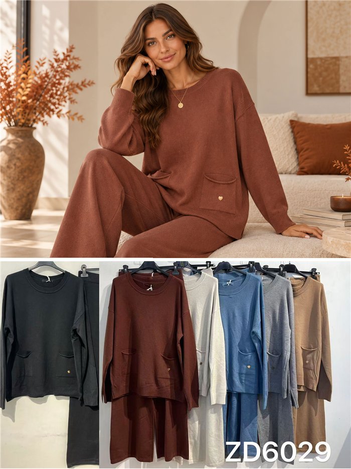 Front-pocket knit sweater and wide-leg trousers set