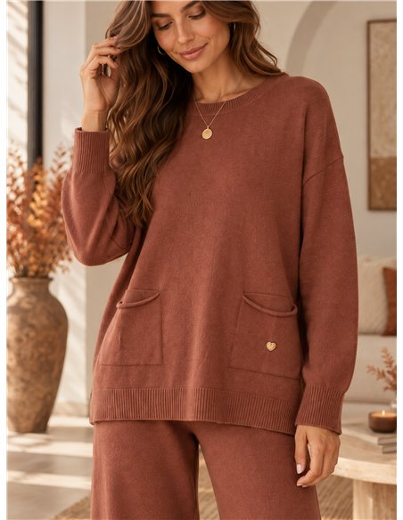 Front-pocket knit sweater and wide-leg trousers set