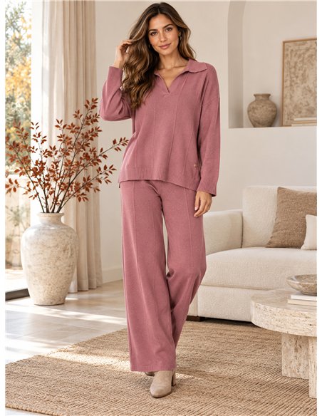 Conjunto jersey cuello polo y pantalón wide leg