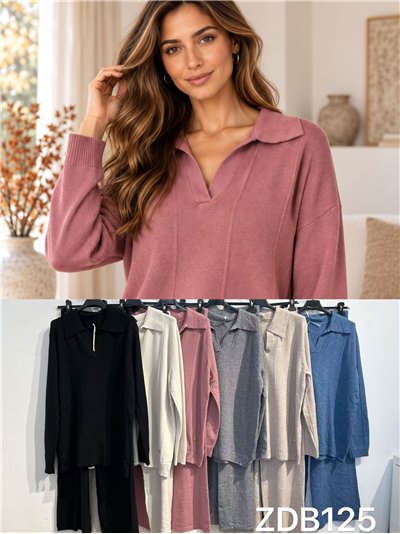 Conjunto jersey cuello polo y pantalón wide leg 2