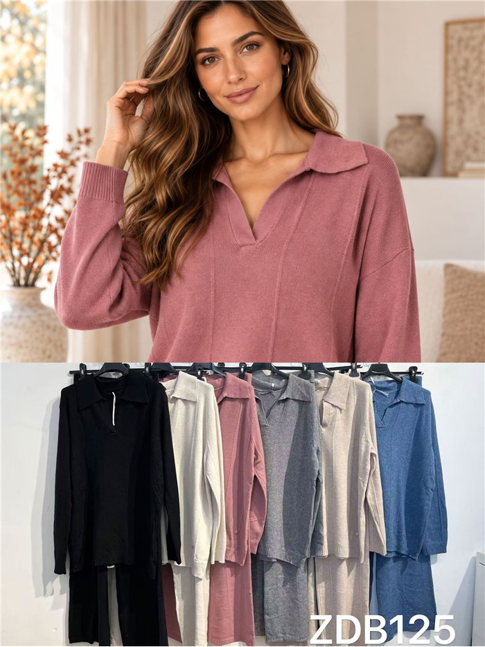 Conjunto jersey cuello polo y pantalón wide leg