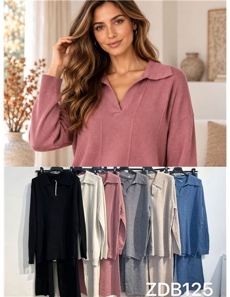 Conjunto jersey cuello polo y pantalón wide leg