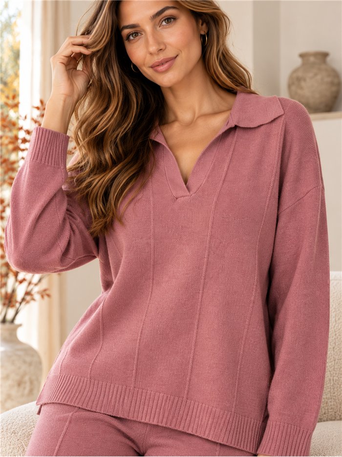 Conjunto jersey cuello polo y pantalón wide leg