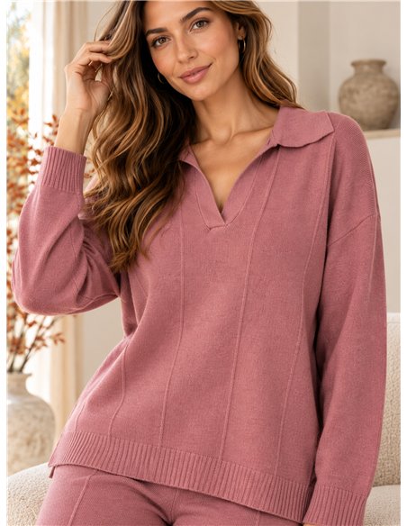 Conjunto jersey cuello polo y pantalón wide leg