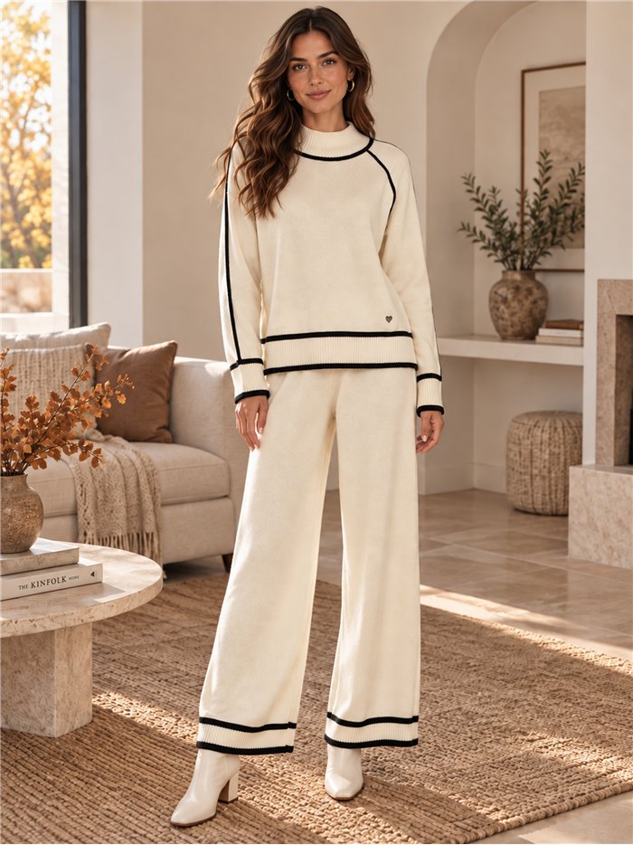 Conjunto jersey ribetes en contraste y pantalón wide leg
