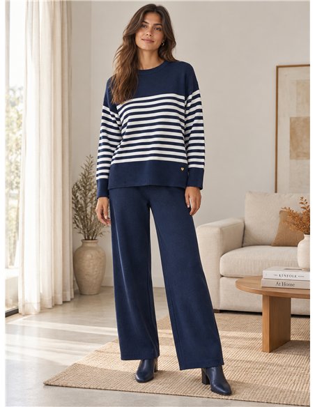 Conjunto jersey rayas horizontales y pantalón wide leg