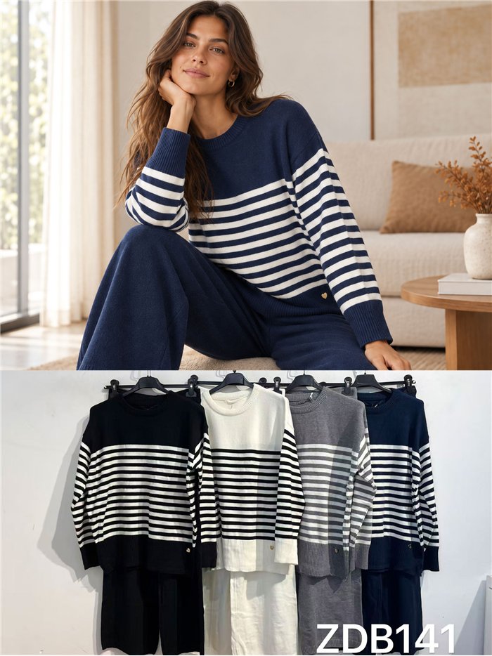 Conjunto jersey rayas horizontales y pantalón wide leg