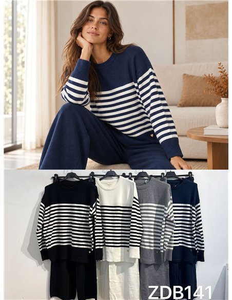 Conjunto jersey rayas horizontales y pantalón wide leg