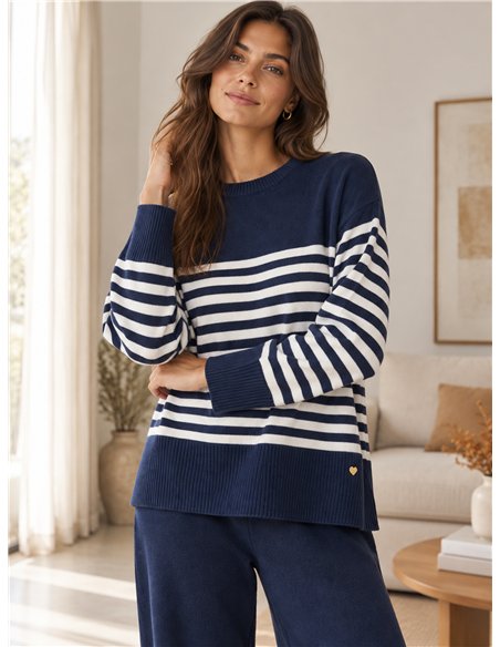 Conjunto jersey rayas horizontales y pantalón wide leg