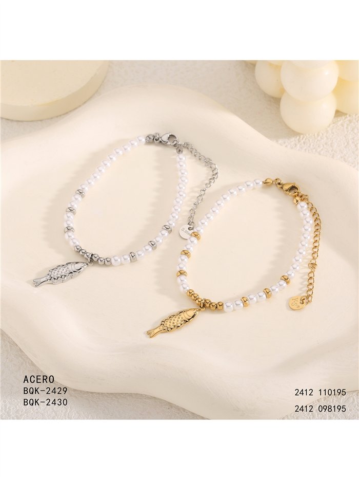 Pulsera de cuentas tipo perla con colgante de pez
