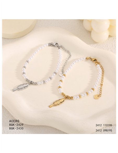 Pulsera de cuentas tipo perla con colgante de pez