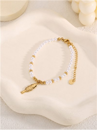 Pulsera de cuentas tipo perla con colgante de pez