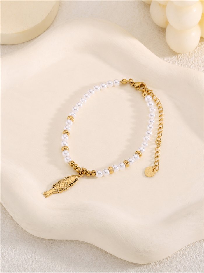 Pulsera de cuentas tipo perla con colgante de pez