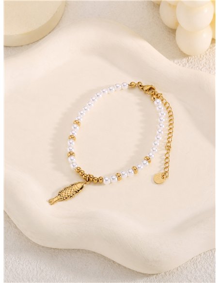 Pulsera de cuentas tipo perla con colgante de pez