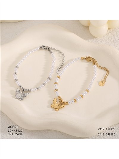 Pulsera de cuentas tipo perla con colgante de mariposa 2
