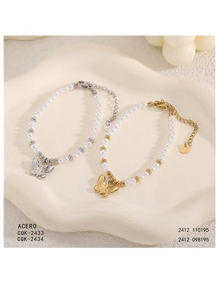 Pulsera de cuentas tipo perla con colgante de mariposa