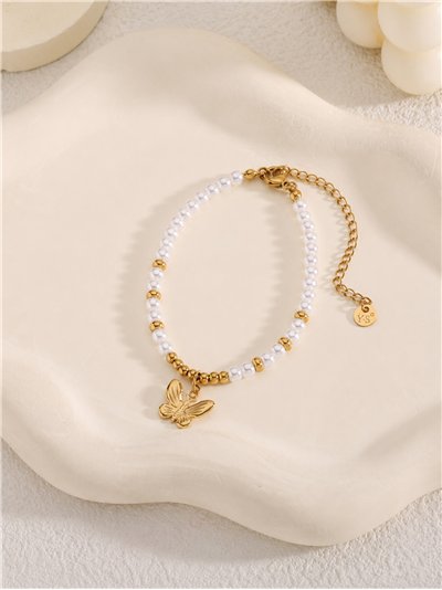Pulsera de cuentas tipo perla con colgante de mariposa