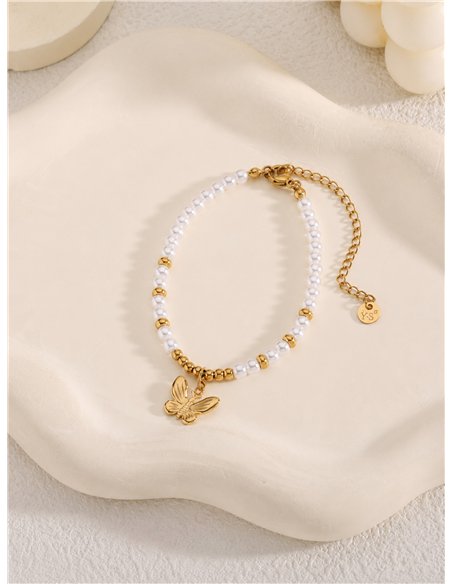 Pulsera de cuentas tipo perla con colgante de mariposa