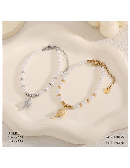 Pulsera de cuentas tipo perla con colgante de caracola marina