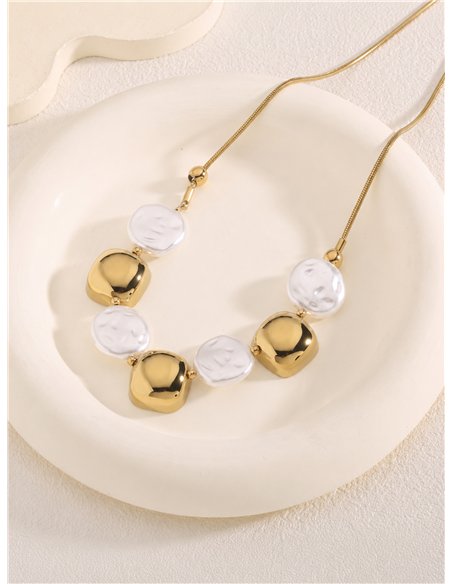 Collier en acier orné de pièces géométriques bicolores blanches et dorées