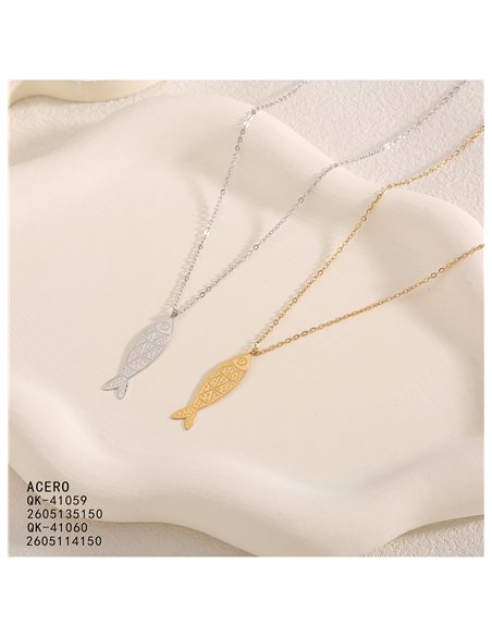 Halskette aus graviertem Stahl mit Fischmotiv