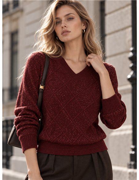 Pull à paillettes à col en V et motif losanges