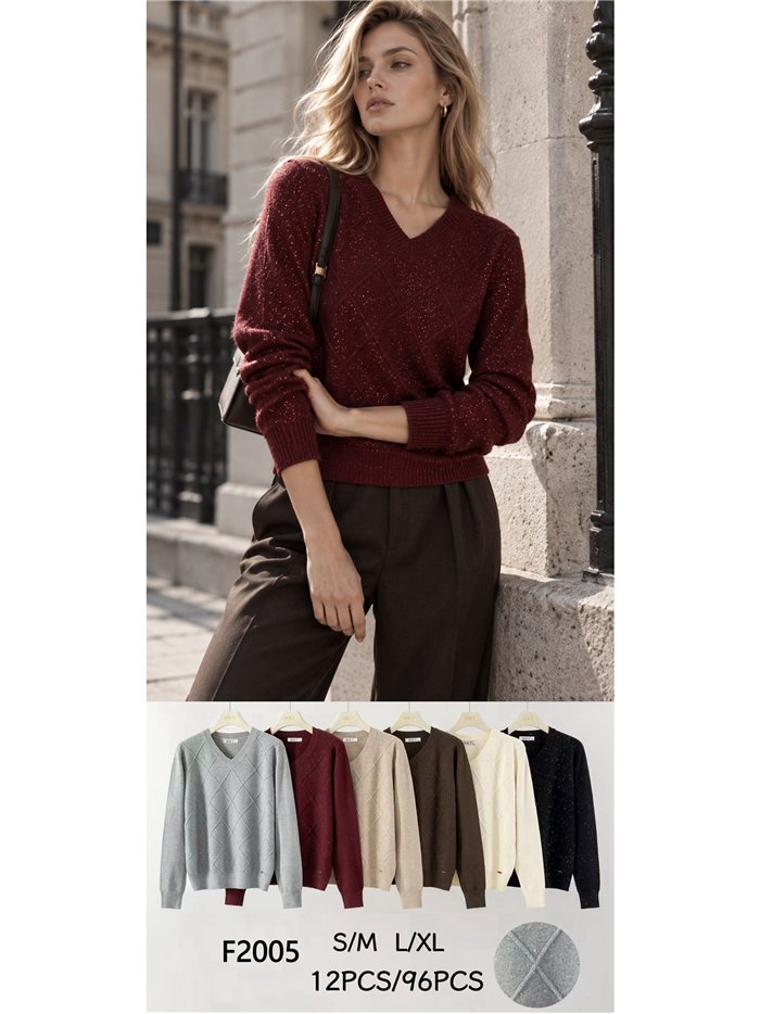 Pull à paillettes à col en V et motif losanges