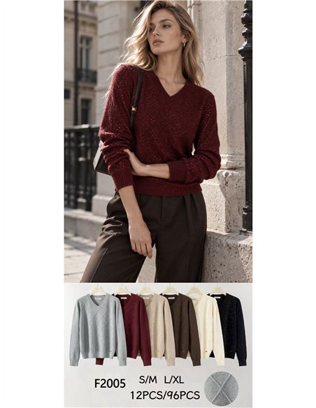 Pull à paillettes à col en V et motif losanges