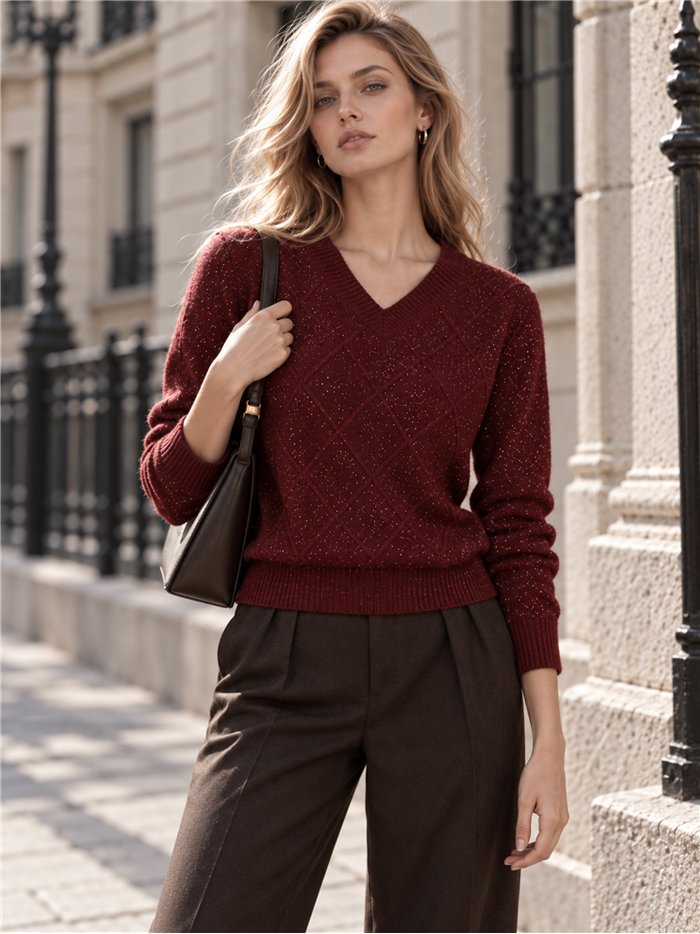 Pull à paillettes à col en V et motif losanges