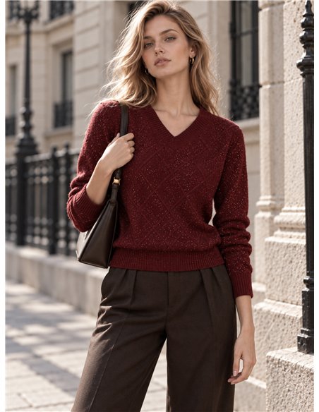 Pull à paillettes à col en V et motif losanges