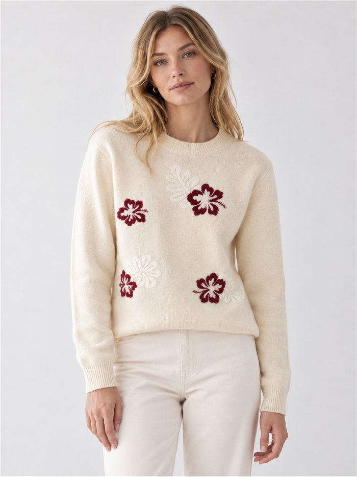 Wollpullover mit gestickten Blumen
