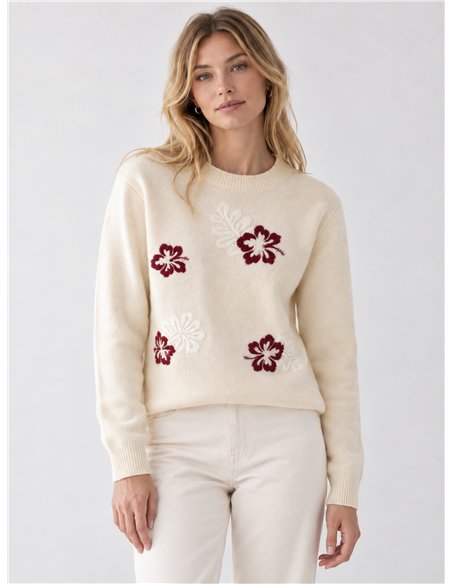Wollpullover mit gestickten Blumen