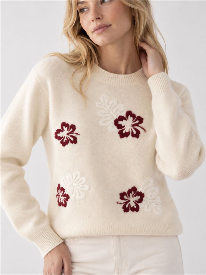 Wollpullover mit gestickten Blumen