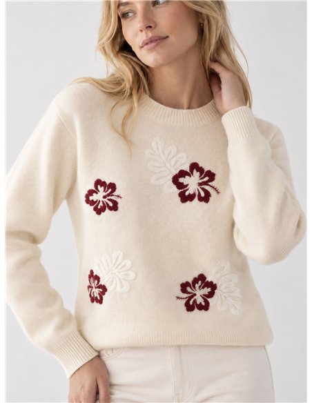 Wollpullover mit gestickten Blumen